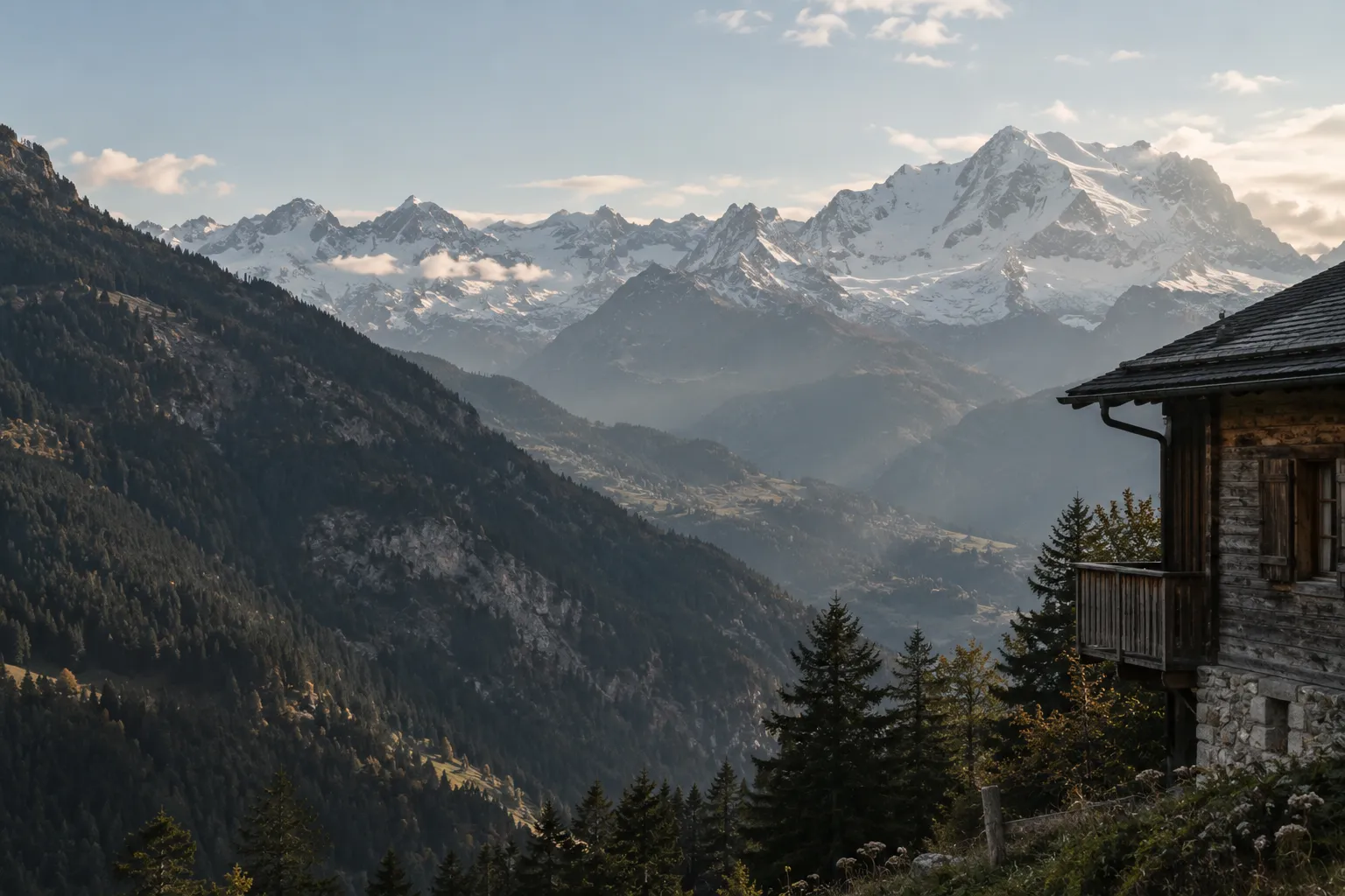 A forested alpine valley below snow-capped peaks, beside an old timber chalet with a wooden balcony.