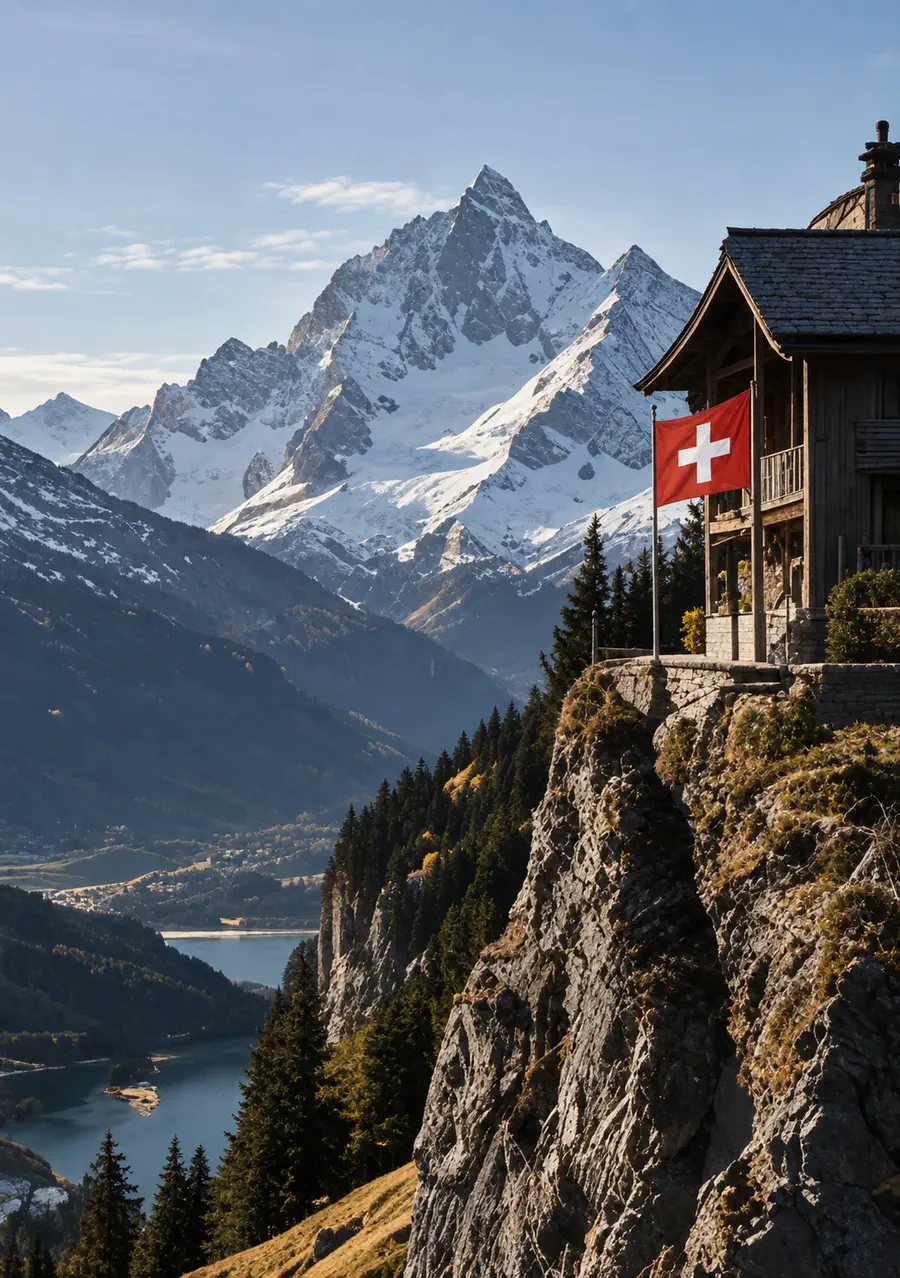 A timber chalet flying the Swiss flag on a cliff edge above an alpine lake, with a snow-capped peak behind.