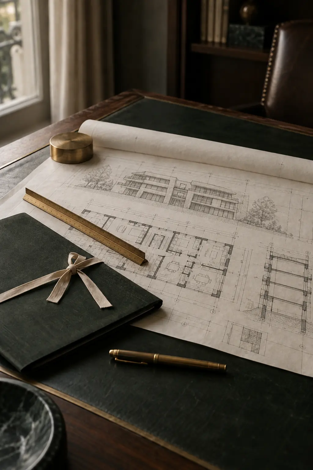 An architect's elevation, floor plan and section of a residential building laid on a leather desk, with a brass scale ruler, a pen and a ribboned folder.