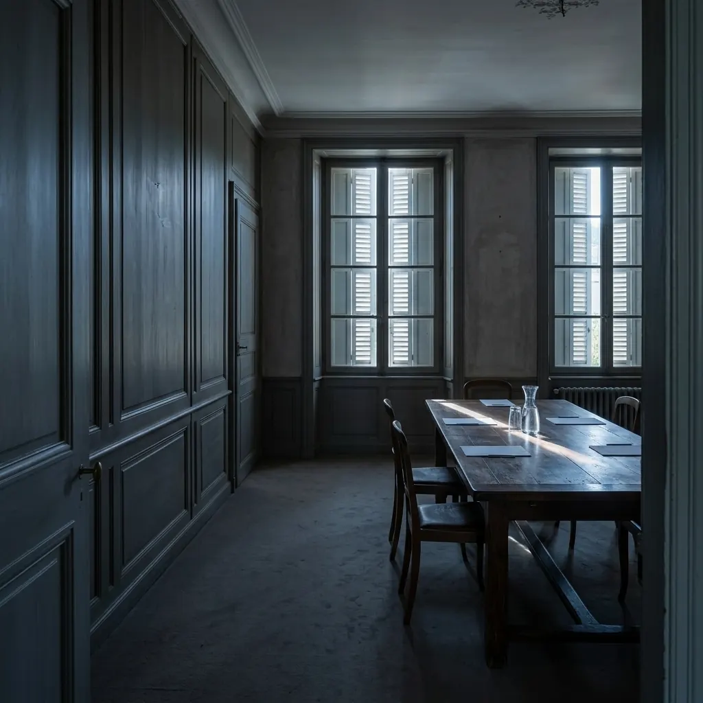 A quiet panelled meeting room with tall shuttered windows, light falling across a long wooden table set with papers and a water carafe.